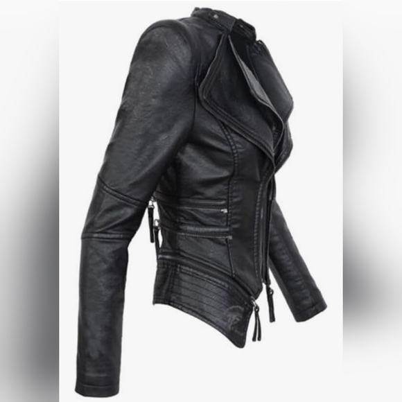 Vegan Leather Fitted Moto jacket. - Picture 4 of 14